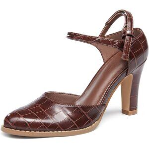 Women's Coffee Chunky High Heels Closed Pointed Toe Ankle Strap Pumps Shoes